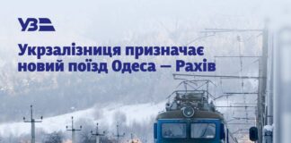 Пасажирський поїзд Укрзалізниці на фоні Карпатських гір у Рахівському районі.